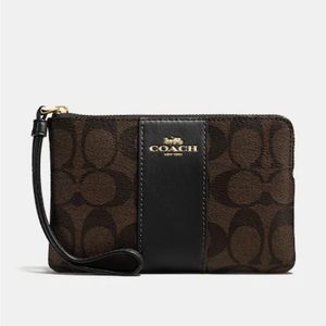 COACH Zip Wristlet In Signature Canvas | Wallet | Gold Accent | Dark Brown